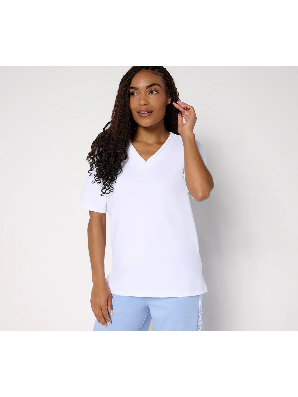 Cuddl Duds Cottonwear+ V-Neck Crochet Trim Tee white, L #G1